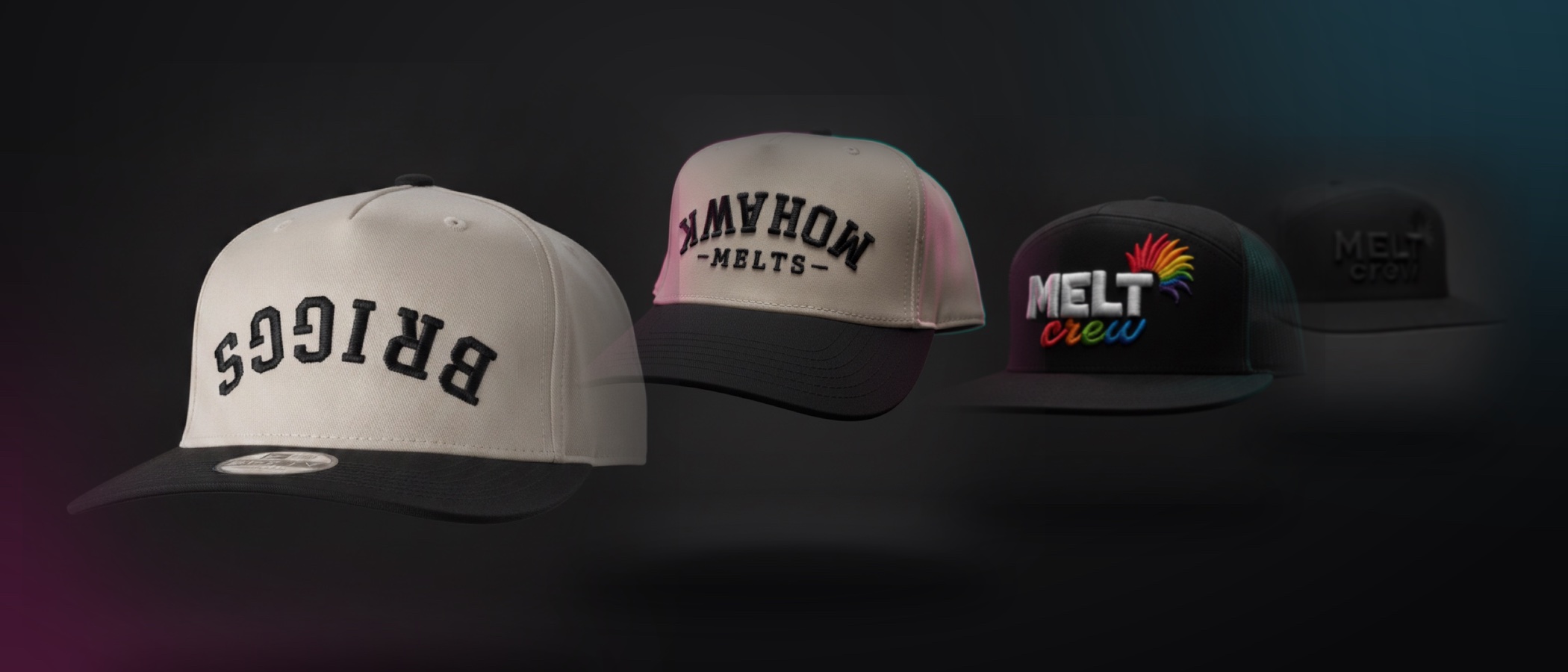 All four Mohawk Melts snapbacks floating — the new hat drop