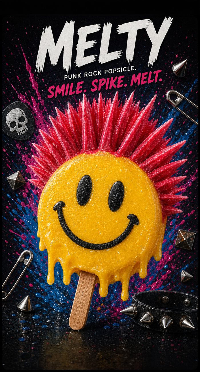 Melty — punk rock smiley popsicle with red spike mohawk