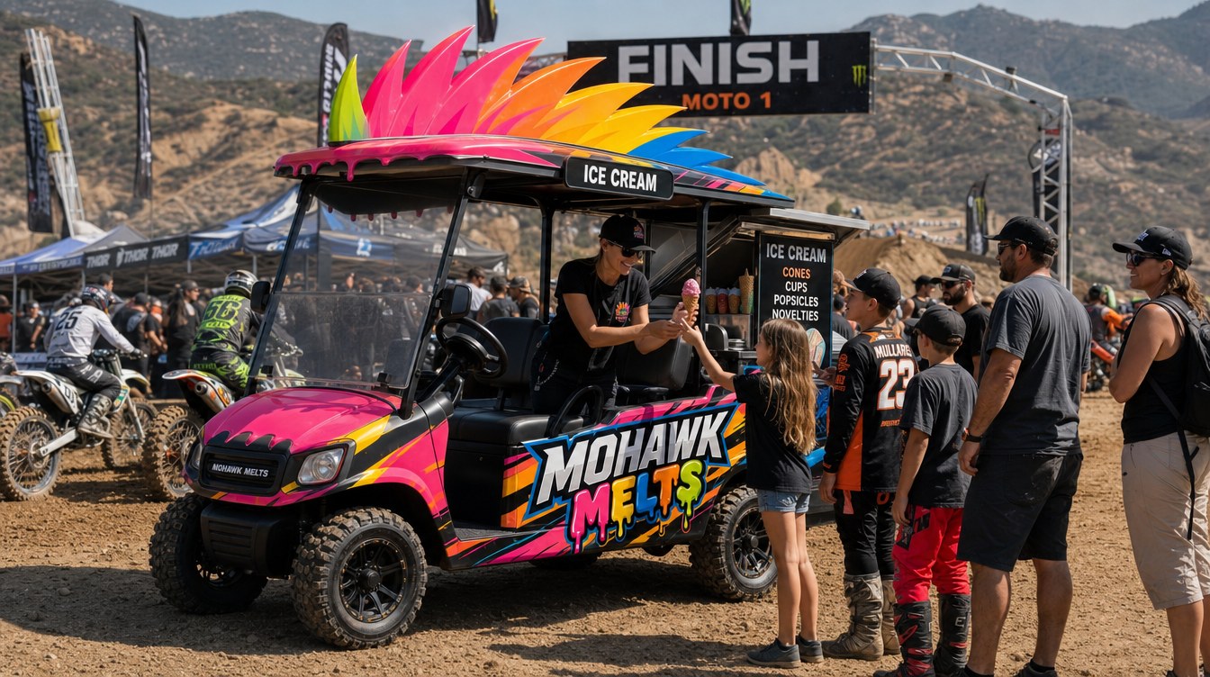Mohawk Melts cart serving ice cream at a motocross event