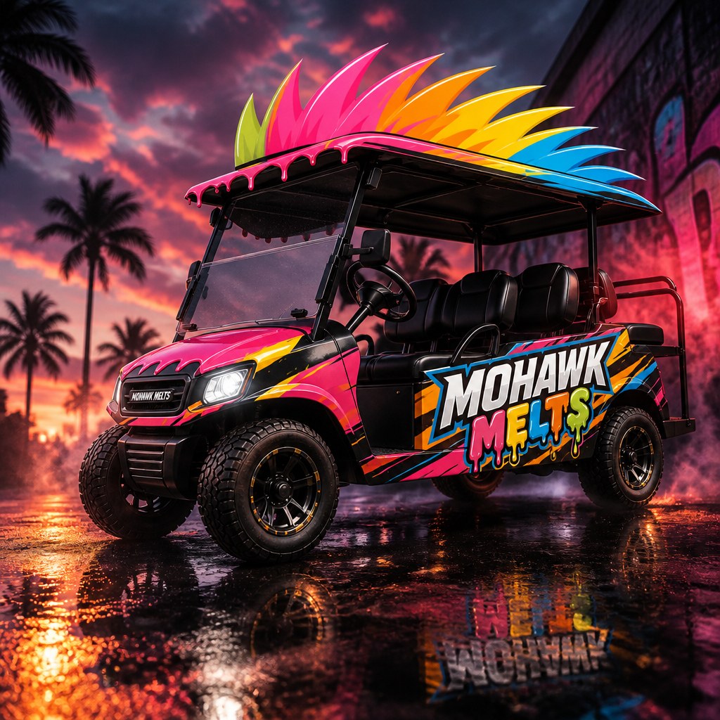 Mohawk Melts cart with sunset palm trees and neon reflections