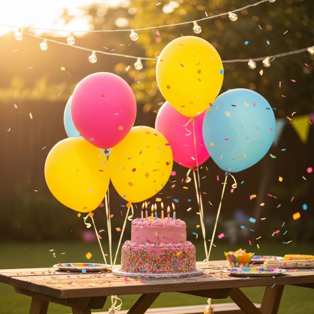 Birthday party setup with balloons and cake