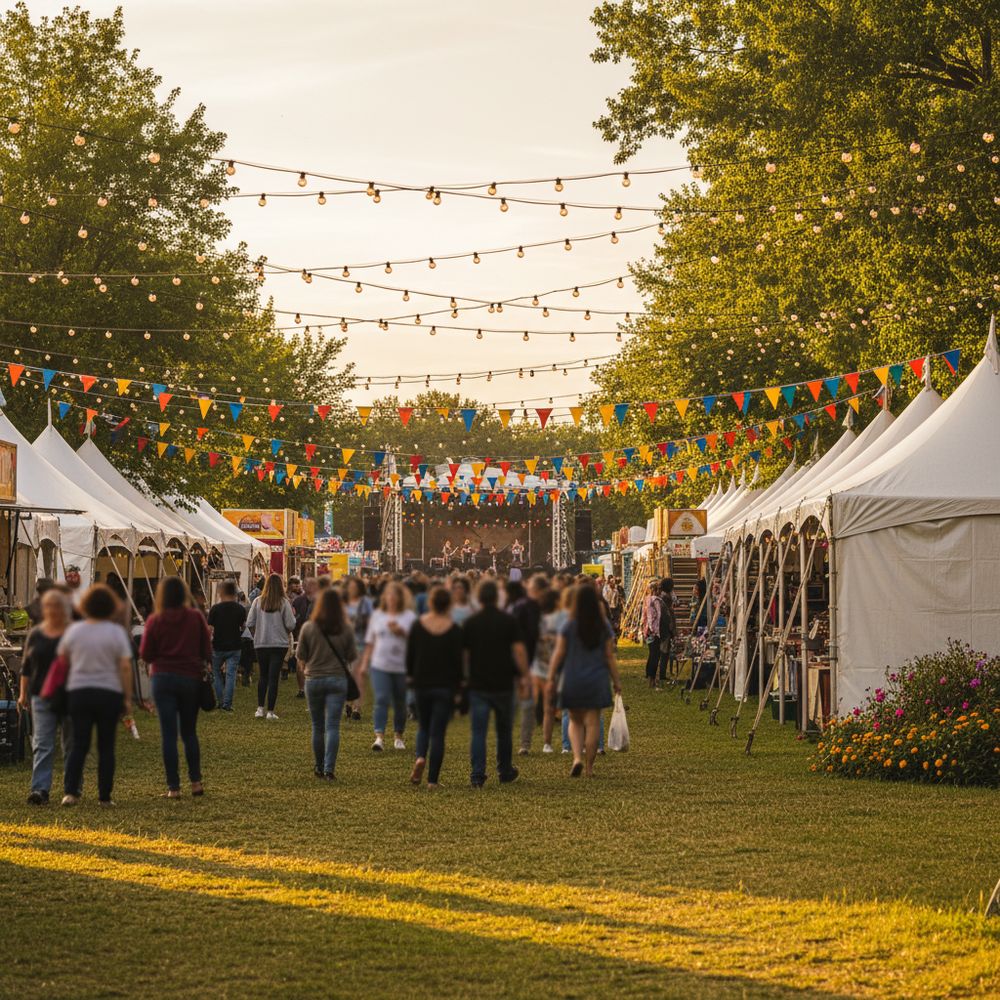 Community festival with tents and string lights