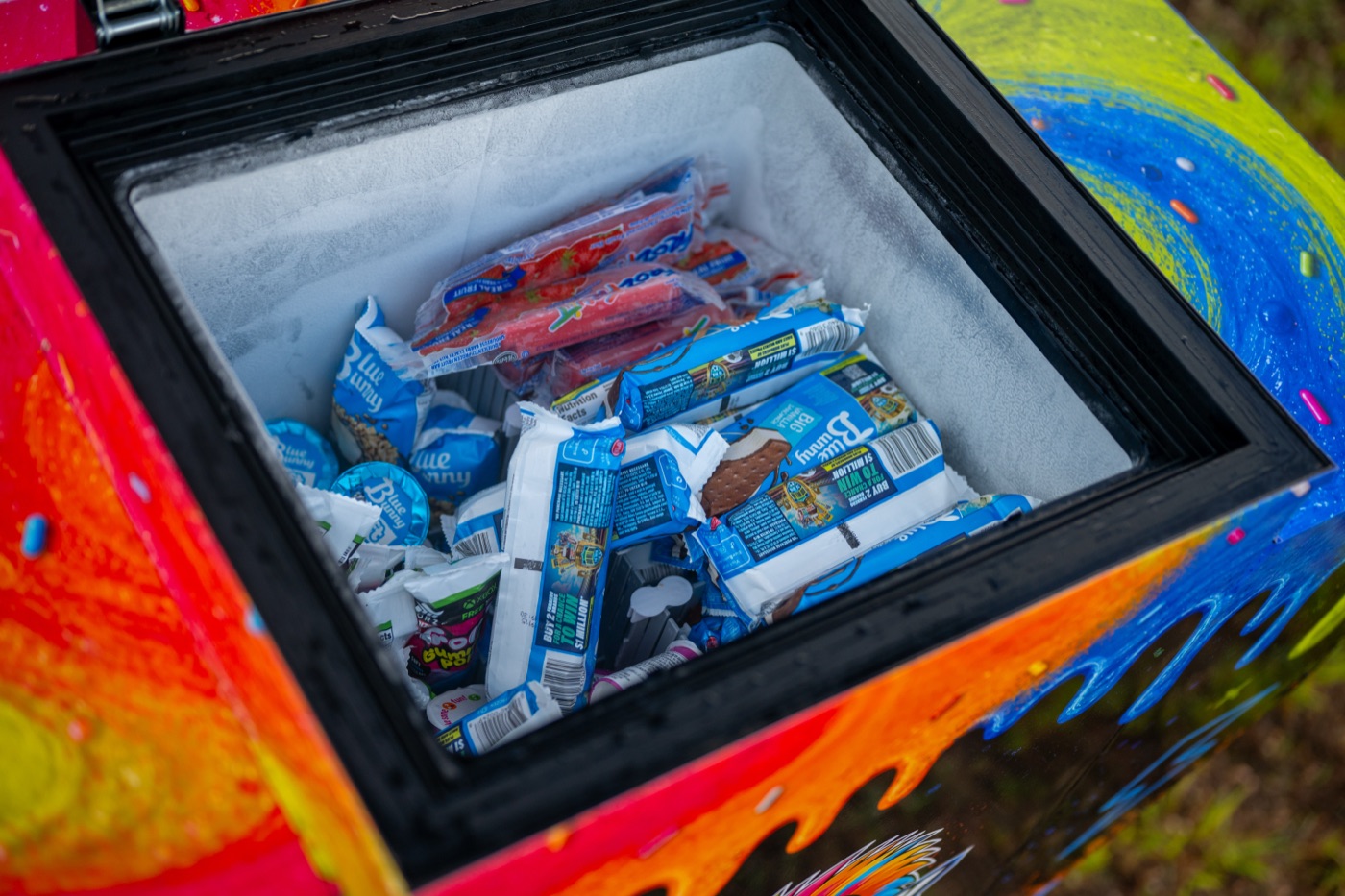 Freezer stocked with treats inside the cart