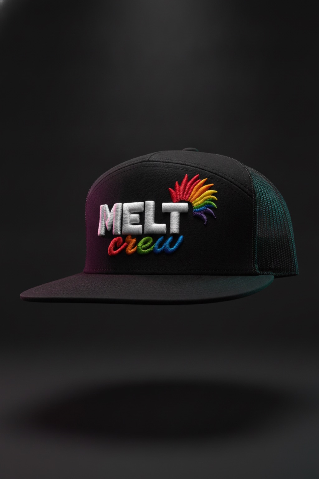 Melt Crew Snapback — black flat-bill hat with rainbow puff embroidery — $34.95, one size