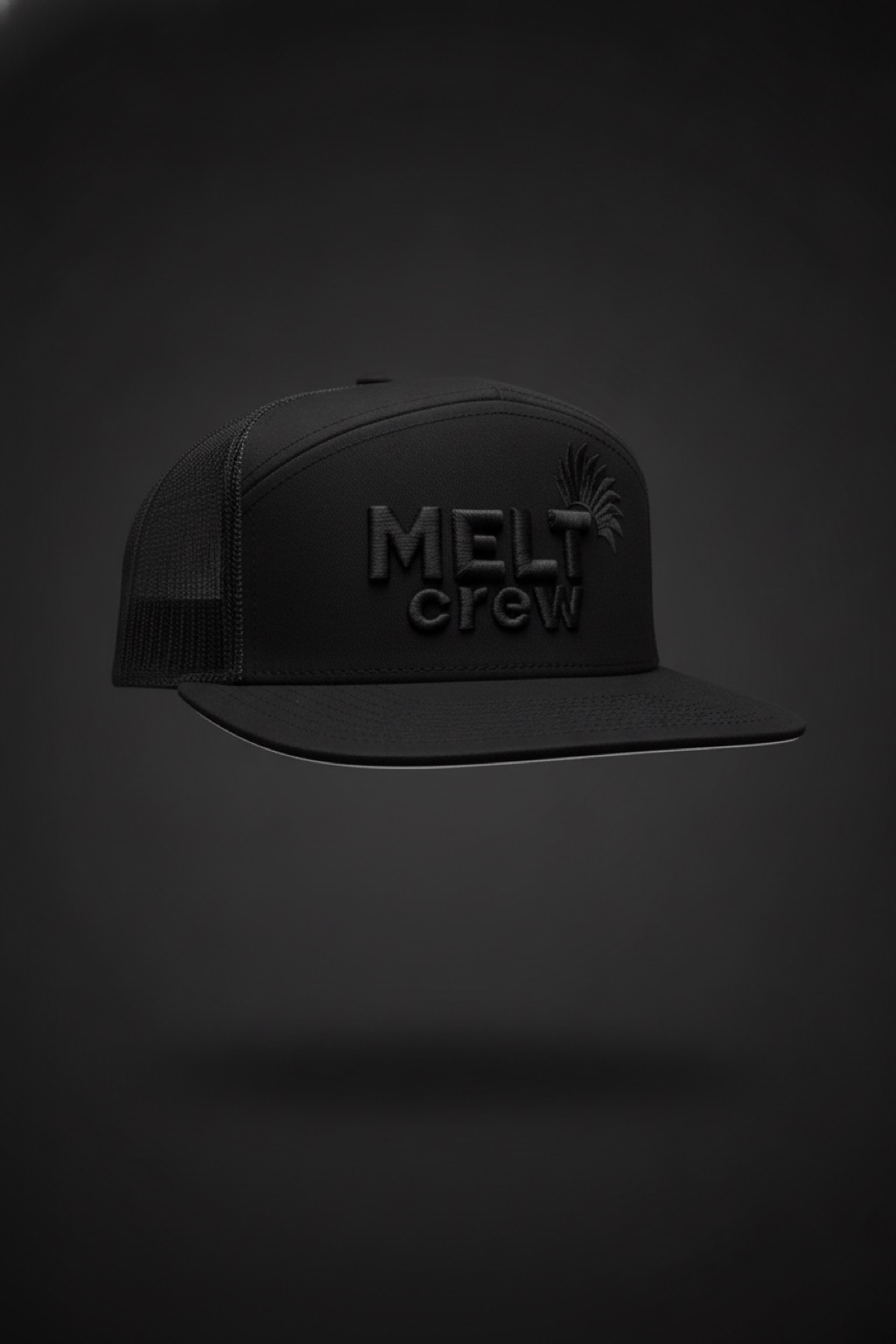 Midnight Melt Snapback — blackout flat-bill hat with tonal embroidery — $34.95, one size