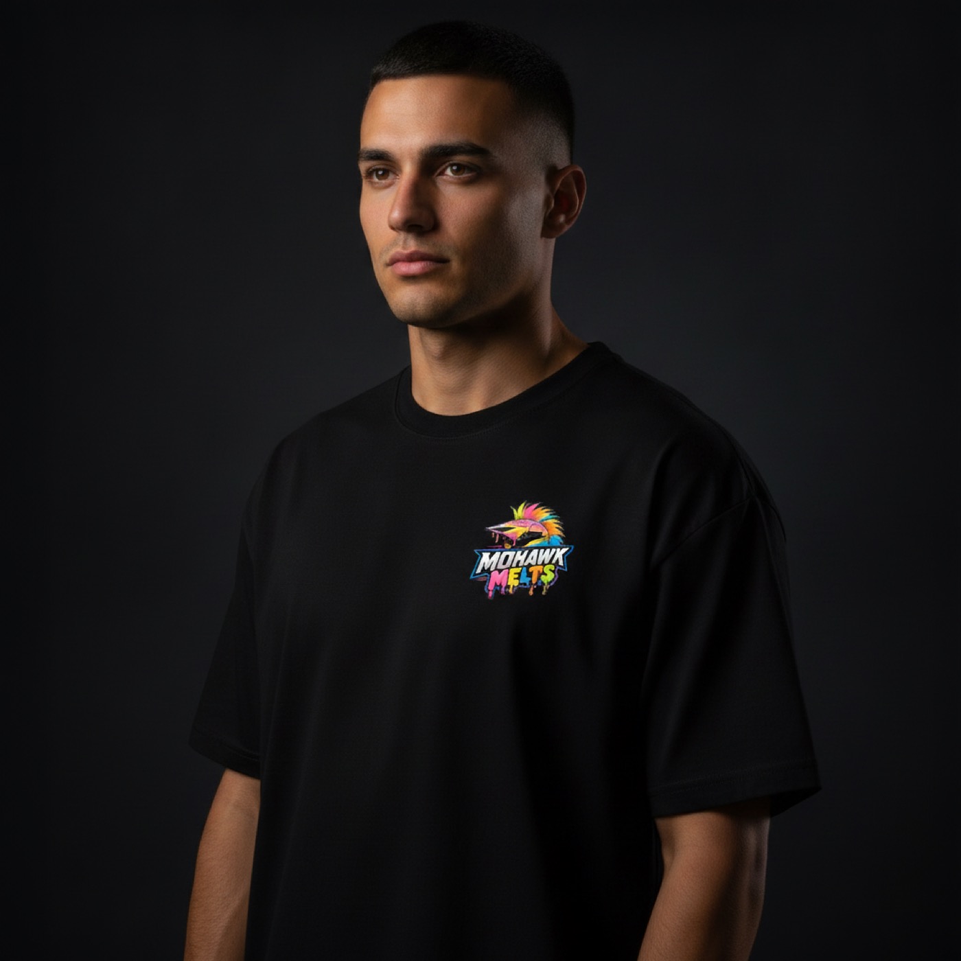 Mohawk Melts Logo Tee — Men's, big logo on the back — white, black or blue, $29.95, youth & adult sizes