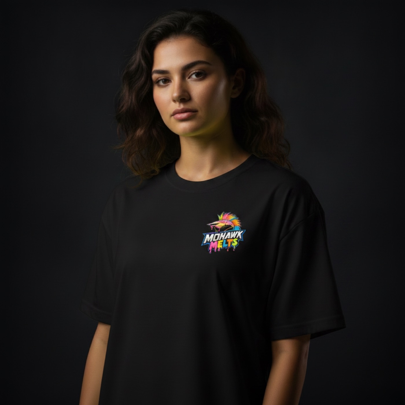 Mohawk Melts Logo Tee — Women's fitted, big logo on the back — white, black or blue, $29.95