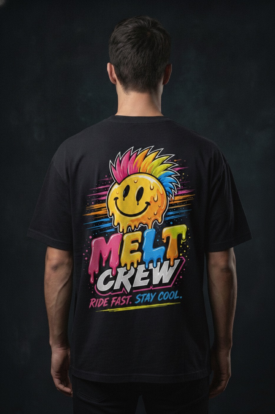 Melt Crew Tee — drippy mohawk smiley back print, 6 colors, $29.95, youth & adult sizes