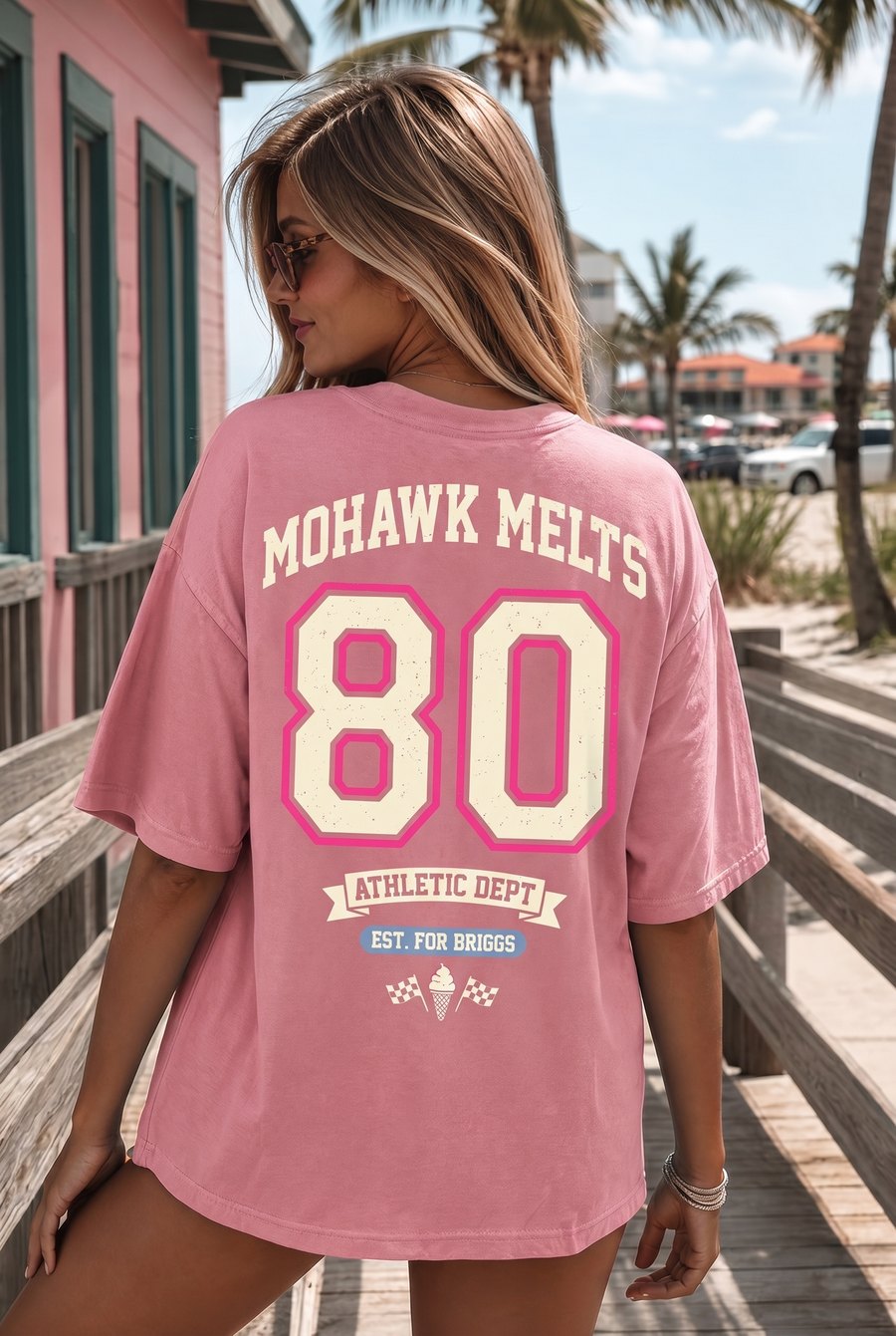 Athletic Dept washed-pink varsity tee — Mohawk Melts 80, Est. For Briggs — $29.95, youth & adult sizes