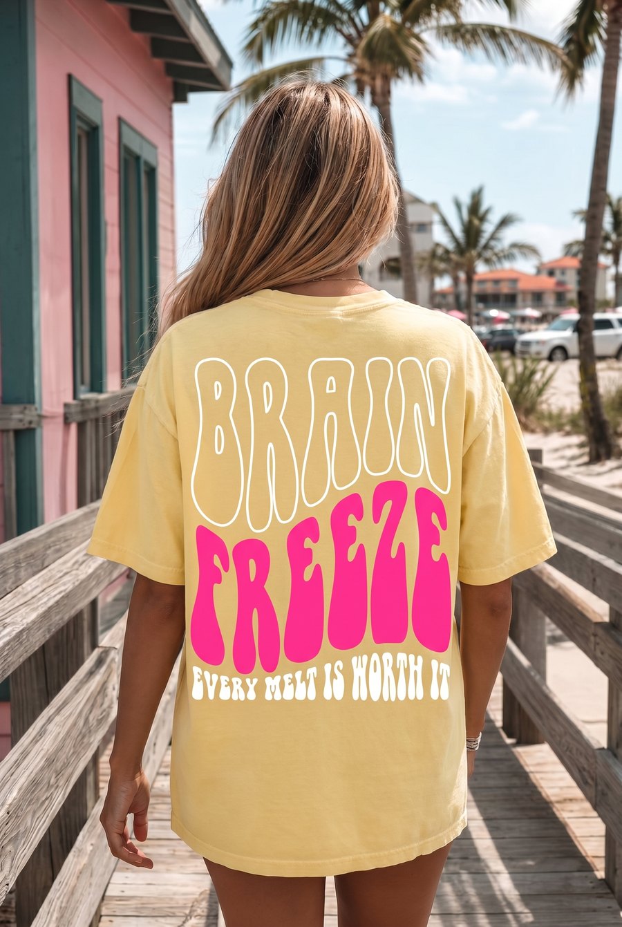 Brain Freeze butter-yellow tee — Every melt is worth it — $29.95, youth & adult sizes