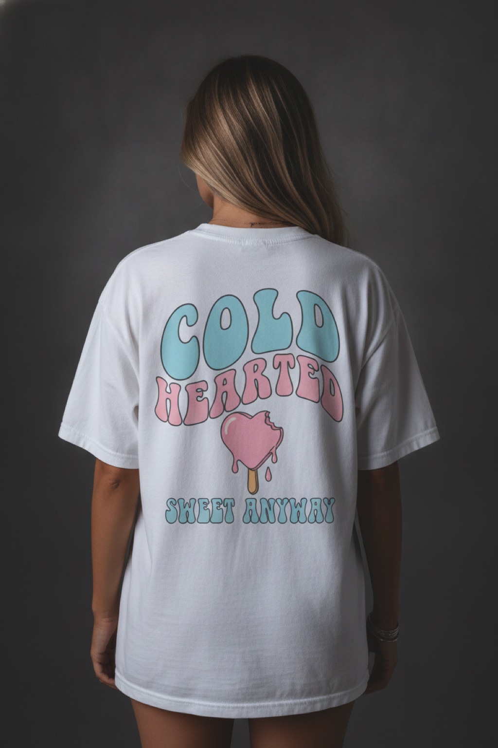 Cold Hearted white tee — heart popsicle with a bite, sweet anyway — $29.95, youth & adult sizes