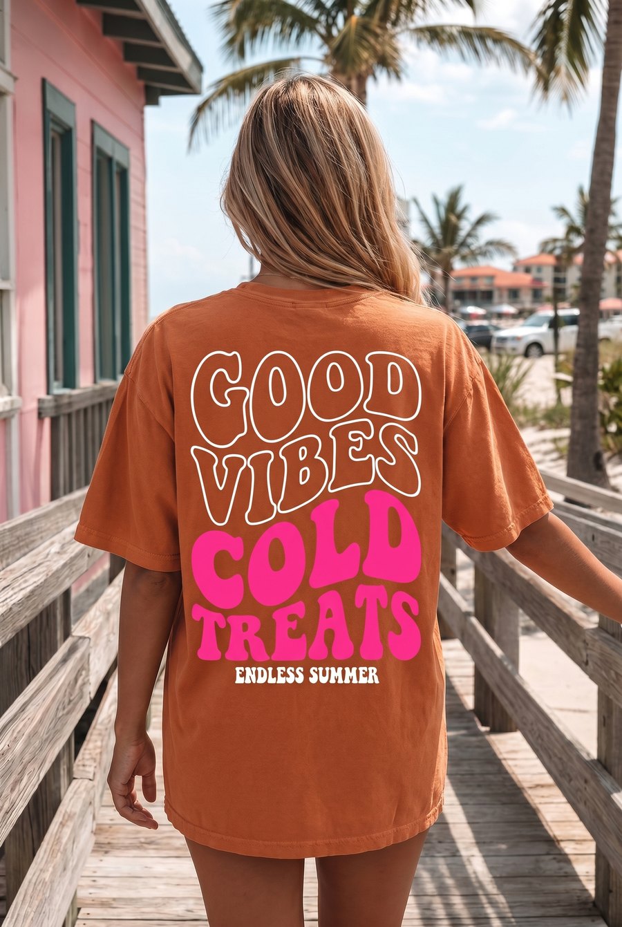Good Vibes Cold Treats burnt-orange tee — Endless summer — $29.95, youth & adult sizes
