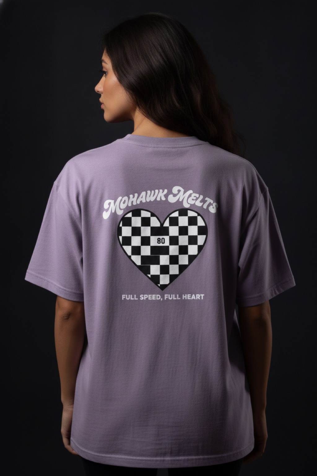 Heart Racer washed-lilac tee — checkered heart with the 80, full speed full heart — $29.95, youth & adult sizes