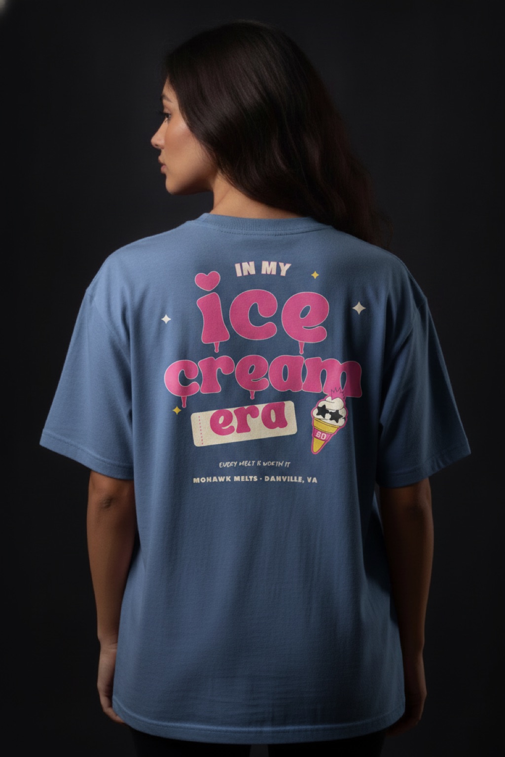 Ice Cream Era tee — washed denim blue with melt-drip letters and the mohawk cone — $29.95, youth & adult sizes