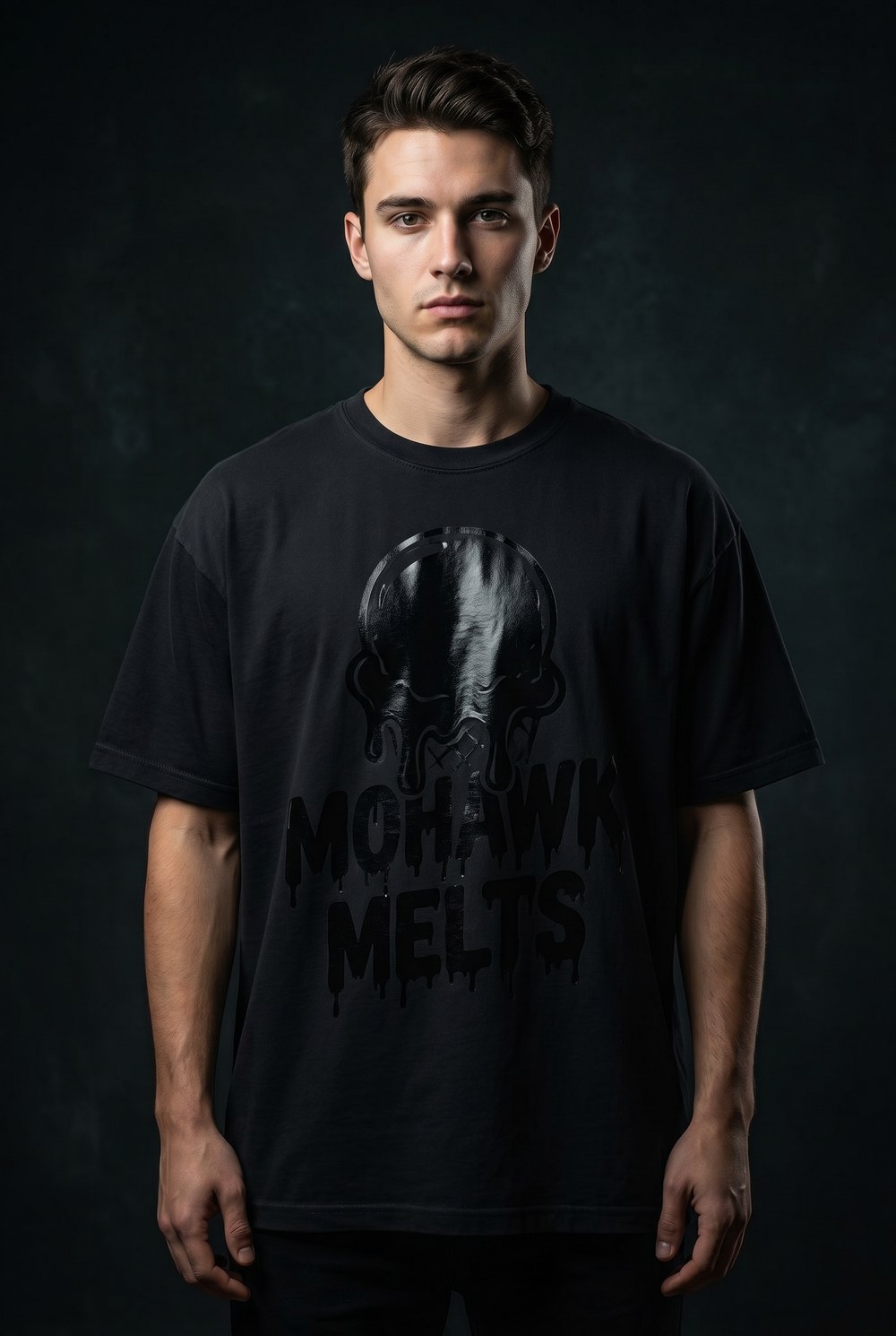 Midnight Melt Tee — blacked-out tonal drip design — $29.95, youth & adult sizes