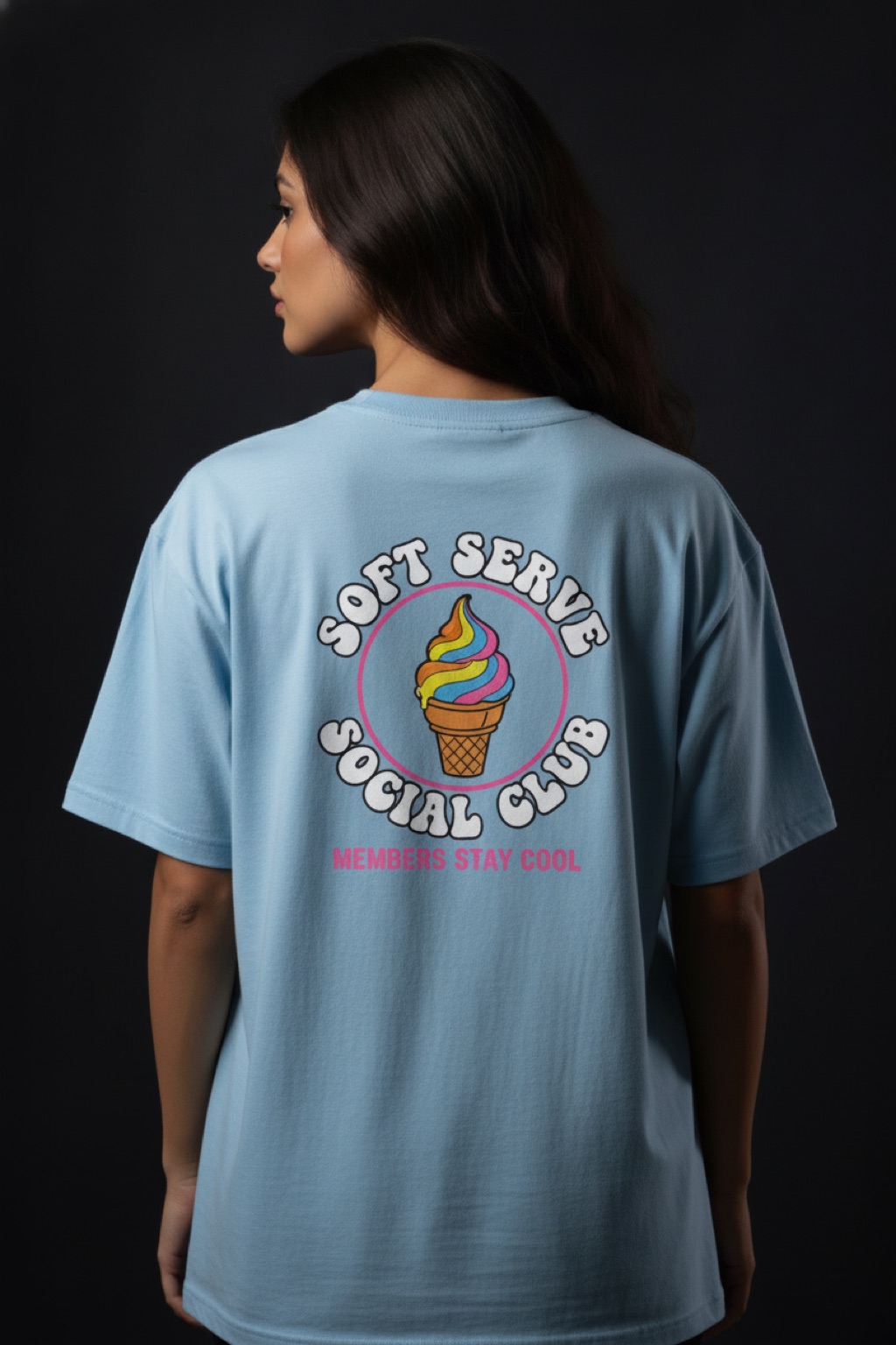 Soft Serve Social Club baby-blue tee — members stay cool — $29.95, youth & adult sizes