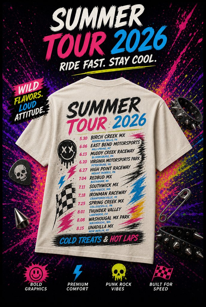 Summer Tour 2026 tee — $29.95, youth & adult sizes