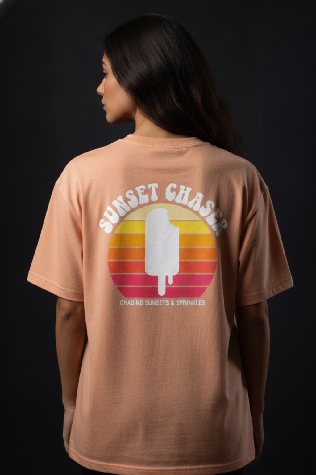 Sunset Chaser washed-peach tee — chasing sunsets and sprinkles — $29.95, youth & adult sizes
