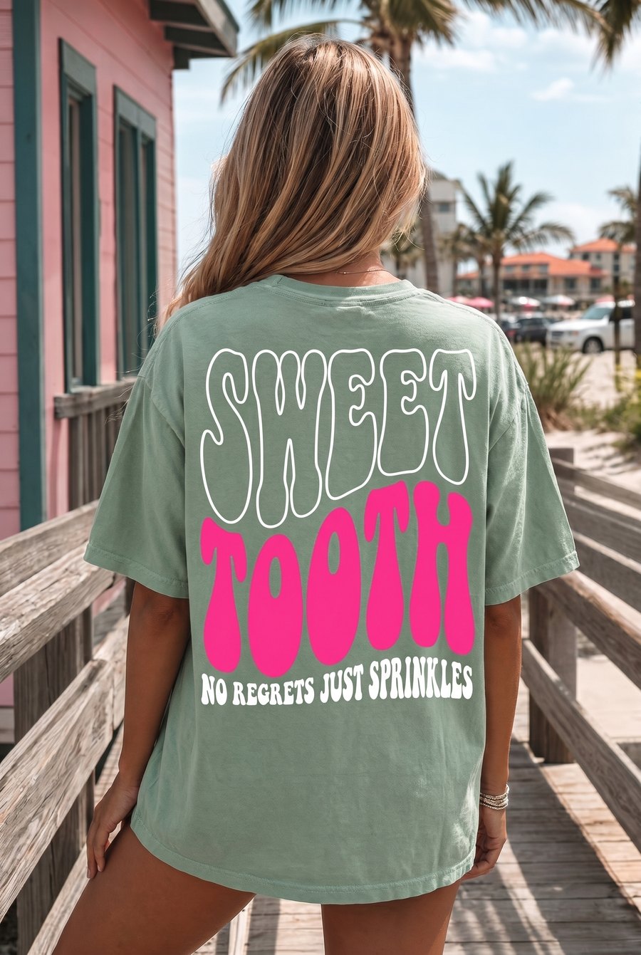 Sweet Tooth sage-green tee — No regrets, just sprinkles — $29.95, youth & adult sizes
